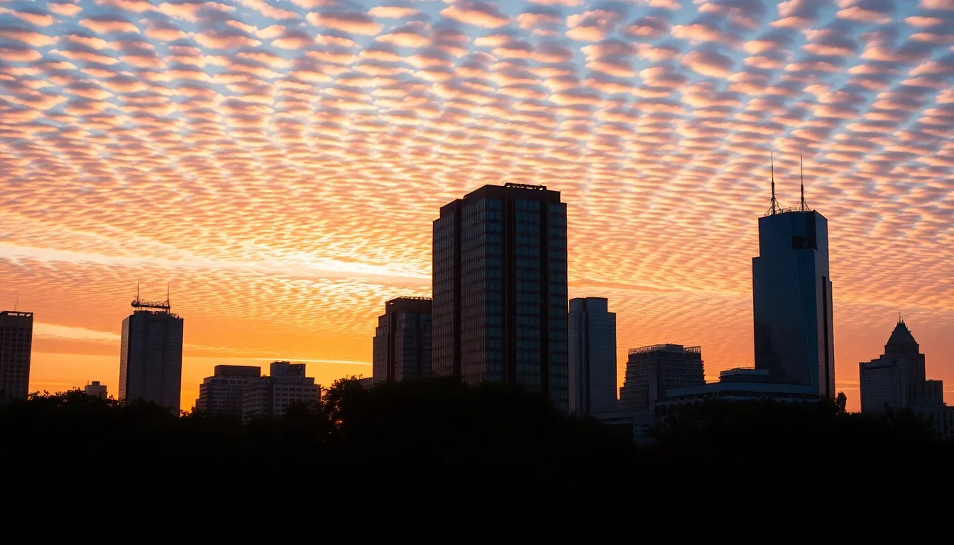 Sunset Over City Skyline This breathtaking timelapse image captures a stunning sunset over a city skyline, where vibrant orange and pink hues fill the sky as the sun descends. The warm light reflects off glass buildings, adding a glossy effect to the scene. Silhouetted trees in the foreground provide depth and contrast to the urban landscape. The composition is thoughtfully balanced, showcasing the intricate details of the skyline against the colorful sky.