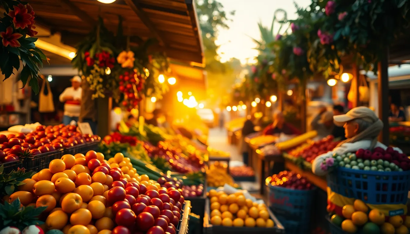 Outdoor Market Golden Hour Timelapse This lively timelapse image captures the essence of an outdoor market during golden hour. The warm sunlight bathes the scene, highlighting vibrant fruits and colorful flowers as they glow in the soft light. The composition guides the viewer's eye through the bustling stalls, inviting them to experience the fresh energy of the market. Rich textures and a warm color palette bring the scene to life, encapsulating the charm of community and commerce.