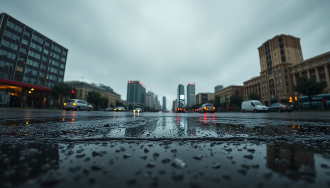 This striking timelapse depicts the hustle and bustle of city life during a rainstorm. The heavy rainfall casts a moody ambiance, enveloping the city in muted tones of gray and blue. Intricate details of raindrops splashing on the pavement and creating ripples in puddles emphasize the storm's intensity. The composition strategically places reflections in the foreground, enriching the visual impact and drawing viewers into the rainy scene. This image beautifully captures the rhythm of urban life amidst nature's fury.