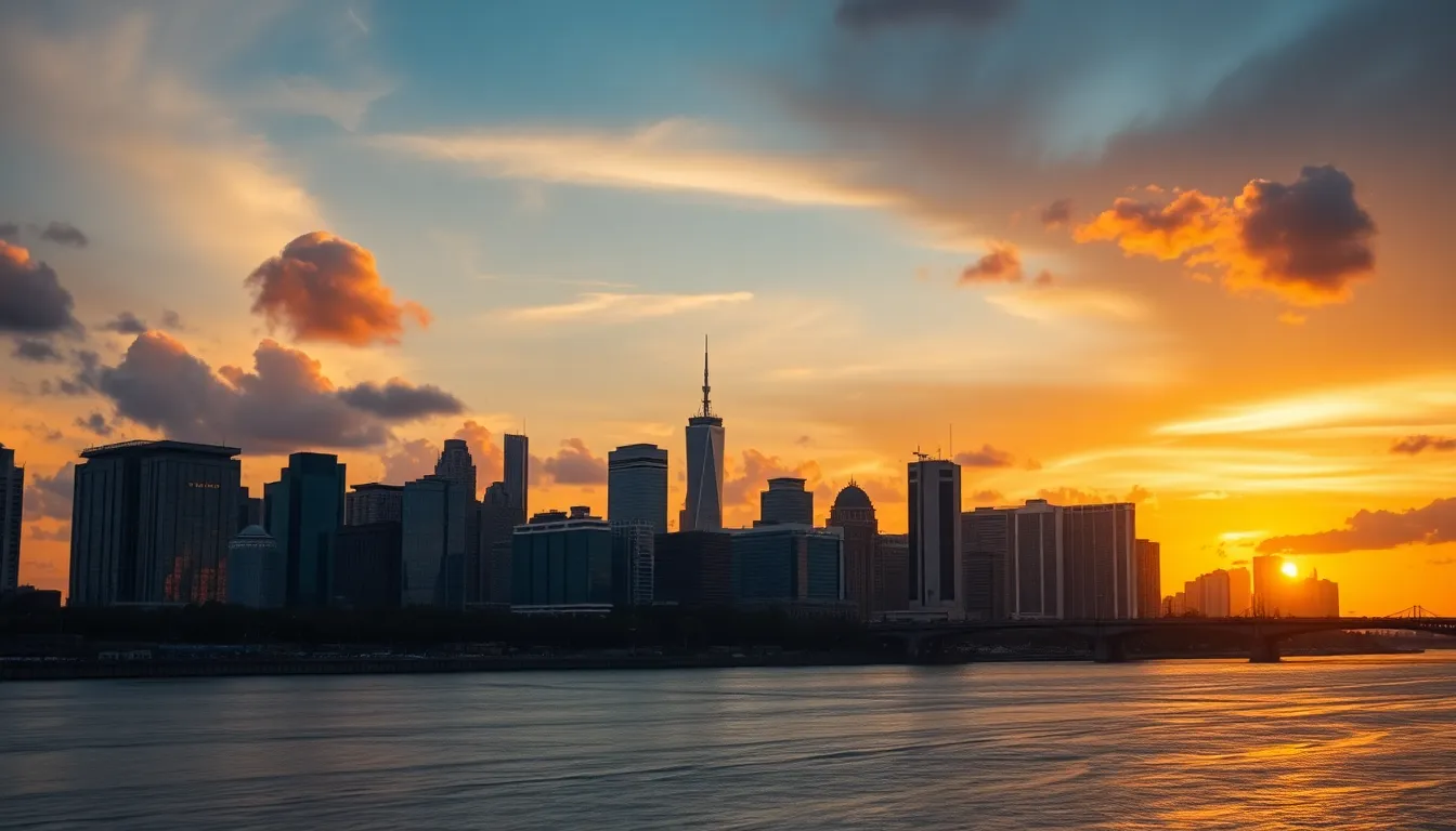 Witness the captivating transformation of a modern skyline as clouds drift over during a vibrant sunset. This timelapse beautifully showcases the warm gradient of oranges and deep blues in the sky, as the sun sets behind towering buildings. The river below adds leading lines that enhance the overall composition, creating a peaceful yet dynamic visual experience. The entire scene remains sharp, inviting viewers to immerse themselves in the tranquil ambiance of the urban landscape.