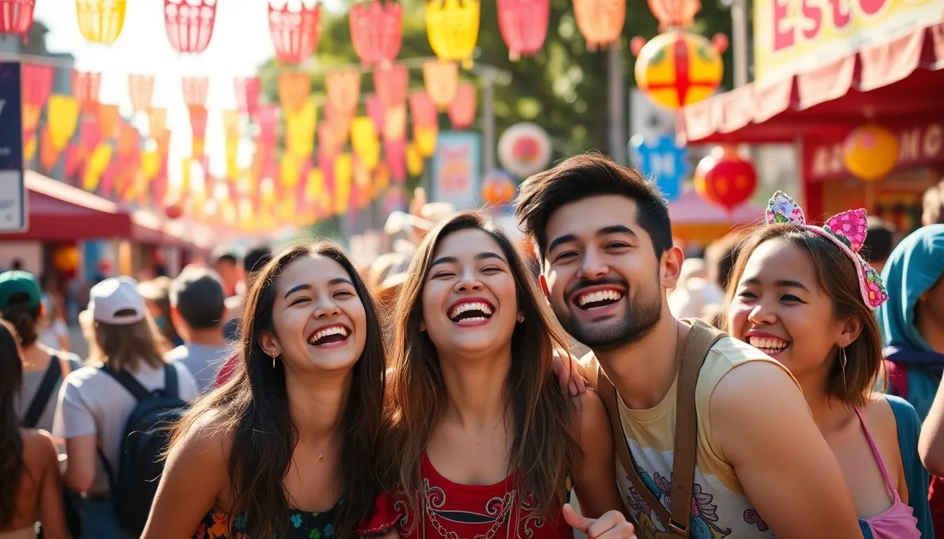 Dive into the joyous atmosphere of a bustling outdoor festival through this vibrant timelapse. Colorful decorations and lively costumes enrich the scene as crowds gather to celebrate. Natural daylight highlights the excitement, casting playful shadows and creating a warm, inviting ambiance. A shallow depth of field focuses on the delighted faces of festival-goers, while the saturation of colors conveys the essence of happiness and celebration. The centered composition captures a group of friends, embodying the spirit of togetherness in the festivities.