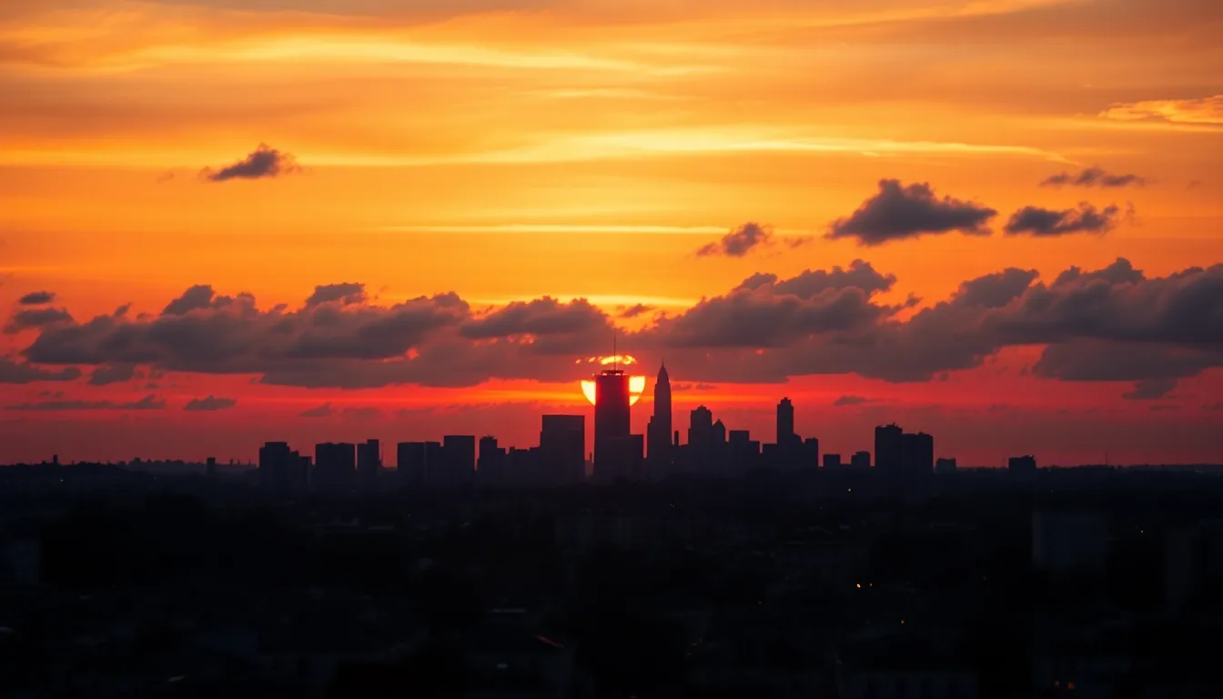 This breathtaking timelapse captures a city skyline as it transitions from day to night during golden hour. The warm hues of orange and pink fill the sky, casting a gentle glow over the silhouetted buildings. The shallow depth of field creates a soft, dreamy effect, enhancing the tranquil mood of the moment. The centered composition emphasizes the grandeur of the skyline against the mesmerizing backdrop of the sunset, inviting viewers to appreciate the beauty of twilight in the city.