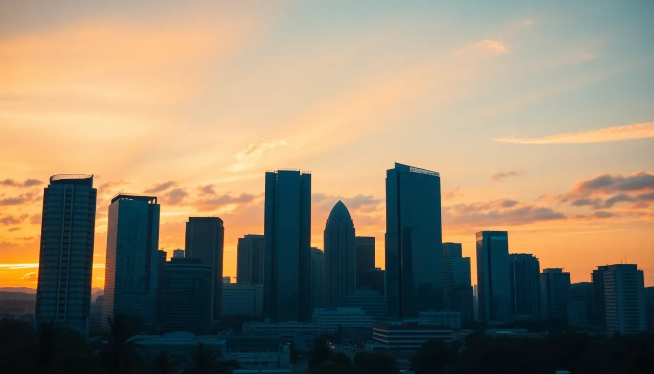 Sunset Over Modern Skyline Timelapse This breathtaking timelapse showcases a stunning sunset over a modern skyline, with skyscrapers silhouetted against a vibrant sky. The warm rim light from the golden hour bathes the clouds in rich hues, while the shallow depth of field creates an ethereal quality. The cinematic teal and orange color grading enhances the vibrancy of the scene, inviting viewers to witness the beauty of urban life at dusk. A centered composition draws attention to the architectural marvels of the city.