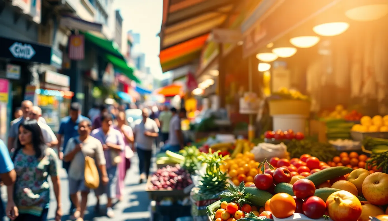 This engaging timelapse captures the lively atmosphere of a street market during midday, showcasing vibrant stalls filled with fresh produce and a bustling crowd. Bright sunlight creates dramatic contrasts and highlights, enhancing the colors of fruits and vegetables. Selective focus keeps the vendor sharp while the background melts into a soft bokeh, inviting the viewer into the bustling scene. The rule of thirds composition strategically positions the vendor, drawing attention to the heart of market activity.