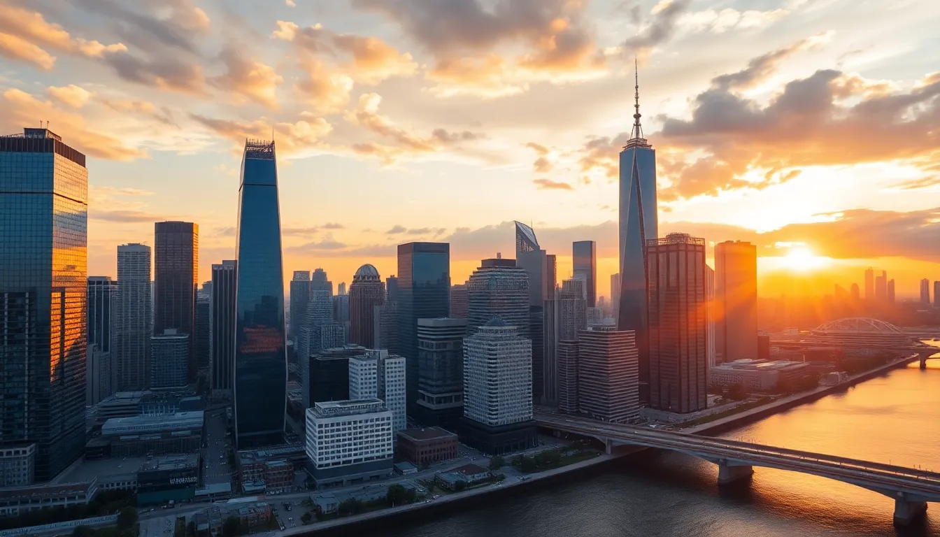 This timelapse captures a stunning city skyline during sunset, featuring warm golden rays illuminating tall skyscrapers and a reflective river. The sharpness from foreground to horizon enhances the beauty of the moment, with rich colors accentuating the dramatic clouds. The composition follows the rule of thirds, emphasizing the vastness of the cityscape. Overall, the serene yet dynamic mood invites viewers to appreciate the beauty of urban life transitioning into night.