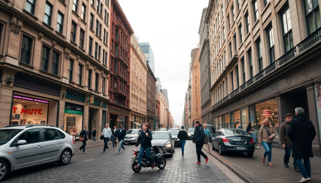 Bustling City Streets Timelapse A vibrant timelapse capturing the energy of a busy city street bustling with pedestrians and vehicles. The overcast light creates a soft, diffused atmosphere, while the cobblestone streets reflect the recent rain, adding depth and texture to the scene. Leading lines guide the viewer's eye through the image, showcasing the dynamic architecture surrounding the area. Overall, the muted tones reflect a lively yet calm urban environment.