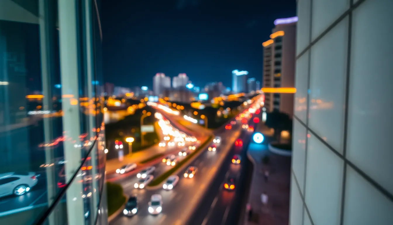 High-Rise Night City Timelapse This mesmerizing timelapse captures a vibrant city street from the high-rise balcony at night. The lively scene is filled with streaks of lights from passing cars and illuminated buildings creating an artistic light display. Rich deep blues and vibrant yellows dominate the color palette, enhancing the energetic atmosphere. The high vantage point allows for a sweeping view, highlighting the city's rhythm and pulse, along with detailed textures of glass and asphalt.