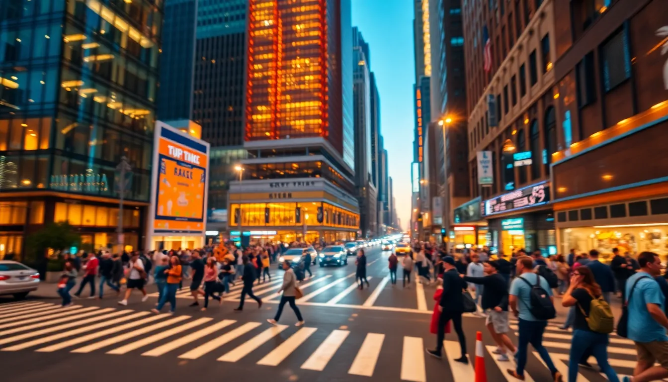 This image captures the energy of a bustling city intersection filled with people, cars, and vibrant lights during rush hour. The warm tones of the streetlights blend beautifully with reflected light on towering glass buildings, creating a lively urban atmosphere. Shallow depth of field highlights the activity in the foreground while softening the busy backdrop. The leading lines of the crosswalks guide the viewer's eye through the dynamic scene, showcasing the texture of the asphalt and clothing.