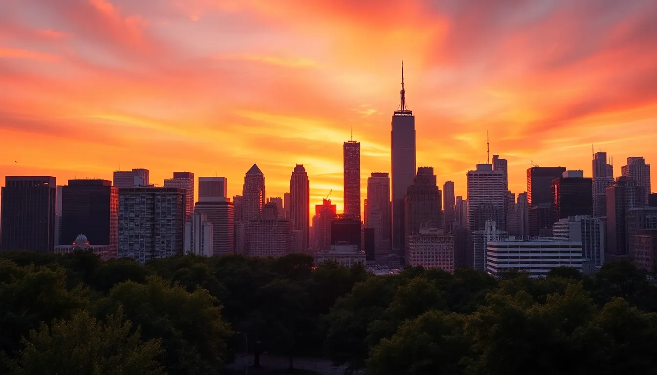 City Skyline Sunset Timelapse This breathtaking timelapse image showcases a city's skyline during a stunning sunset. The skyscrapers are beautifully silhouetted against an orange and pink sky, capturing the tranquility of the evening. The sharp clarity of the image highlights the intricate details of the architecture, while the warm colors evoke a sense of calm and majesty. The symmetrical composition adds to the grandeur, making this a captivating cityscape.