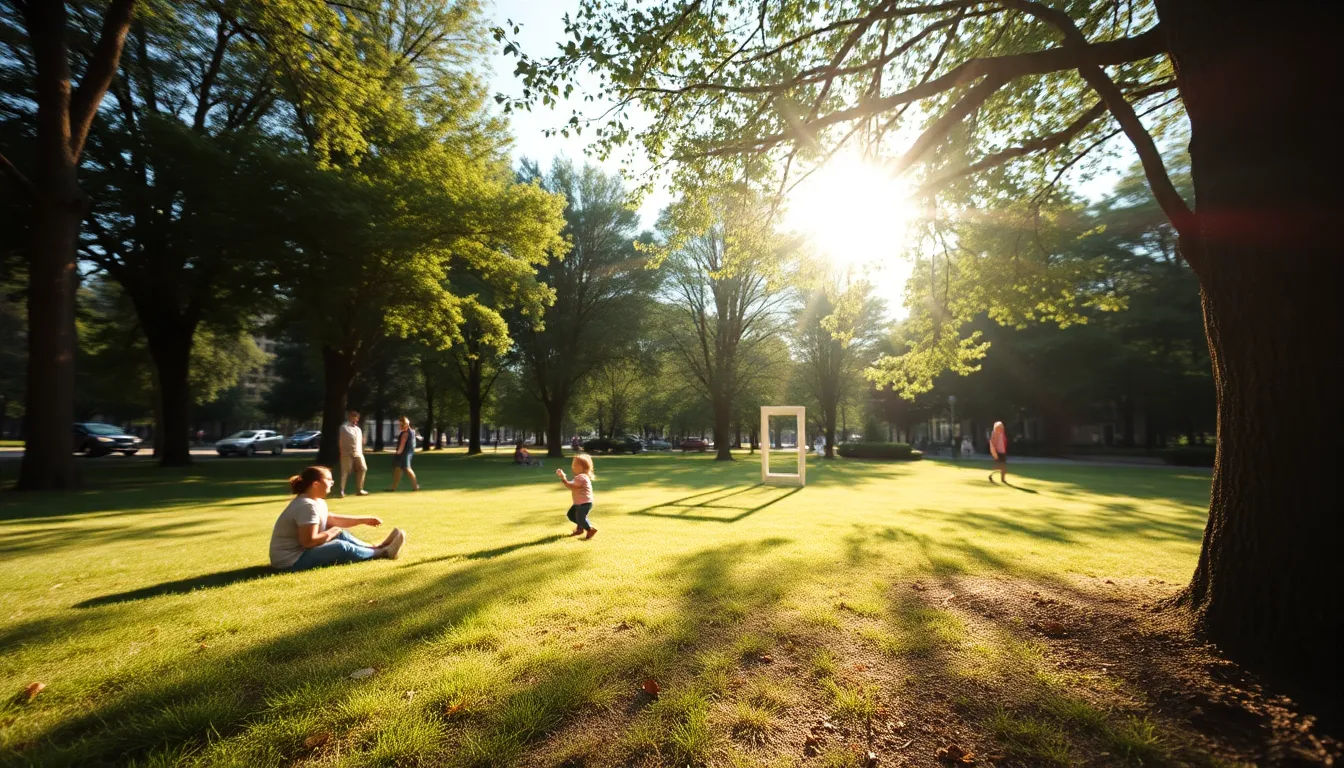 This delightful timelapse image presents a lively city park filled with families enjoying a sunny afternoon. The interplay of dappled sunlight and lush greenery adds warmth and vibrancy to the scene. Captured in stunning detail, the image highlights the textures of nature while showcasing the joyous interactions of people, making it a perfect depiction of urban leisure.
