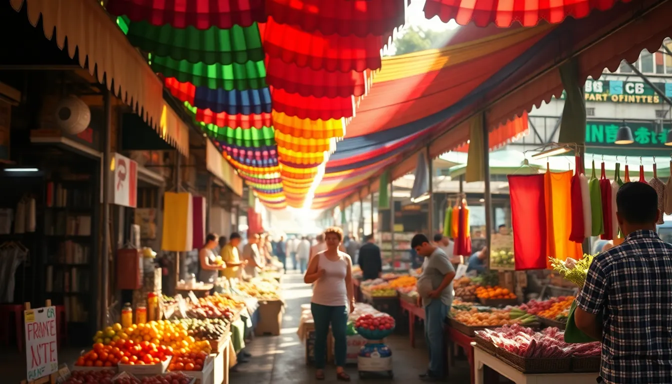Colorful Street Market Timelapse This lively image captures the vibrant energy of a street market, filled with vendors showcasing fresh produce and handmade crafts under colorful canopies. Morning sunlight filters through, casting playful dappled light that enhances the saturated colors of the scene. The use of hyperfocal distance ensures every detail is crystal clear, from the bustling vendors to the excited customers. The composition's leading lines draw the viewer into the heart of market life, making it a perfect illustration of community and culture.