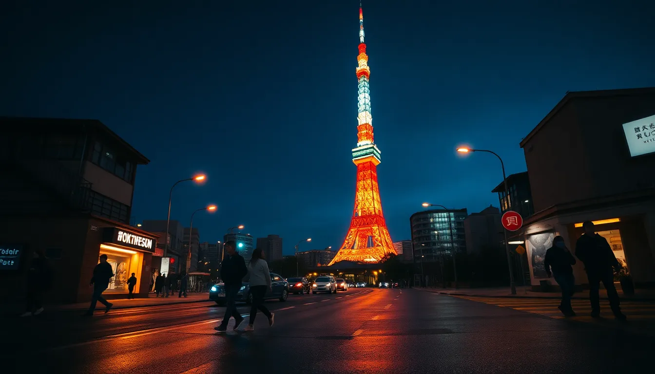 Tokyo Tower at Blue Hour This captivating image showcases Tokyo Tower illuminated against a stunning blue hour backdrop. The blend of teal and orange tones creates a dramatic contrast, highlighting the city's vibrancy as the street lights begin to twinkle. Pedestrians are seen in the foreground, enhancing the urban atmosphere. The reflections on the wet pavement add a layer of depth, making this a striking and dynamic representation of Tokyo in the evening.