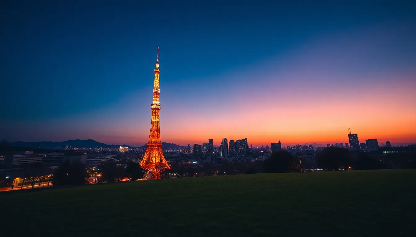 This dynamic image captures Tokyo Tower on a rainy night, with vivid neon lights reflecting on the wet pavement. The shot taken with a Canon EOS R5 emphasizes the rich colors and details in both the foreground and background. The composition uses leading lines to guide the viewer's eye towards the tower, making it the focal point of this vibrant urban scene.