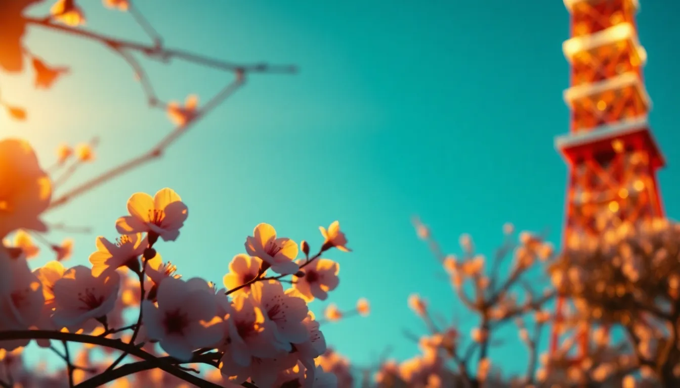 This stunning image captures Tokyo Tower during golden hour, beautifully framed by cherry blossoms in bloom. The warm rim light enhances the tower's iconic red and white colors, creating a majestic feel. With a shallow depth of field blurring the delicate flowers, the tower stands tall against a serene pastel sky, evoking a sense of peace and beauty in urban Japan.
