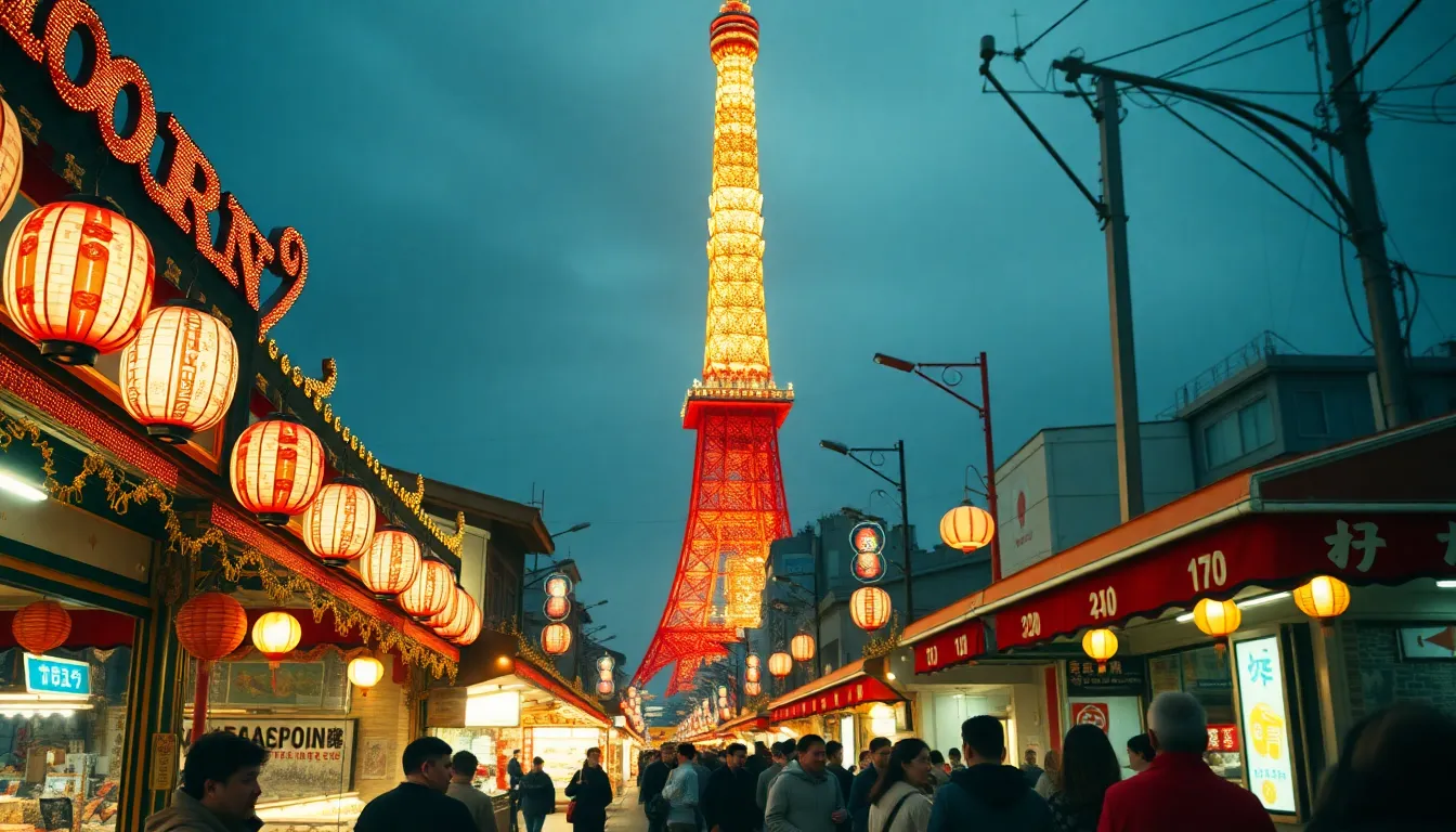 This lively image showcases Tokyo Tower framed by a vibrant street festival. Overcast skies diffuse the daylight, illuminating colorful stalls adorned with festive decorations. The sharp focus captures the energy of the crowd as they enjoy the festivities, creating a dynamic urban scene. The nostalgic warmth of Kodak Portra colors enhances the joyous atmosphere, making this image a perfect representation of Tokyo's lively culture.