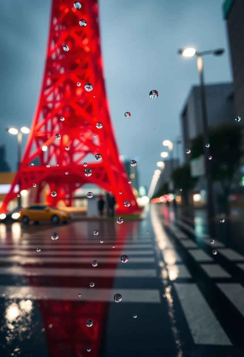 This atmospheric image captures the iconic Tokyo Tower enveloped in a rainy evening ambiance. The glistening raindrops on the tower's vibrant red surface create a beautiful juxtaposition against the moody backdrop. The macro lens highlights intricate details, allowing the viewer to appreciate the craftsmanship of the structure. With a rich color palette of deep reds and silvers, the photograph evokes a sense of intimacy and reflection amidst the urban hustle.