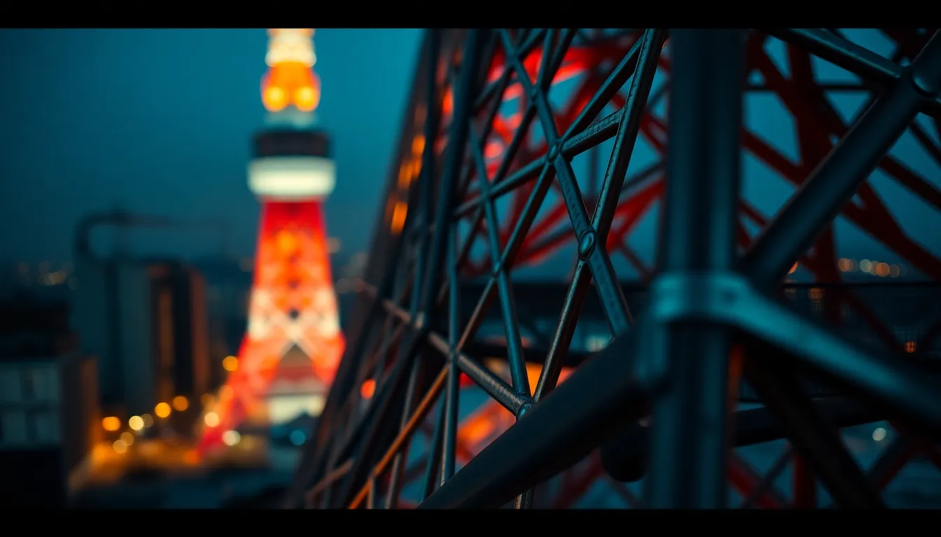 This close-up shot captures the fascinating details of Tokyo Tower's metal lattice against a twilight backdrop. Dim ambient light and vivid city reflections add a moody essence, while the cinematic color grading of teal and orange emphasizes the metallic structure. The shallow depth of field creates an ethereal bokeh effect, blurring the city lights and drawing attention to the intricacy of the tower. This image is a unique take on architecture, focusing on its fascinating textures and patterns.
