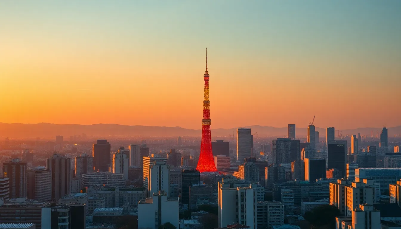 This breathtaking panoramic image captures the skyline of Tokyo at sunset, with Tokyo Tower standing prominently among the city's architectural marvels. The warm golden hour light envelops the buildings in a soft glow, accentuating the vibrant colors of the urban landscape. The sharp detail from the foreground to the distant tower paints a clear picture of the city’s grandeur, blending traditional and modern elements seamlessly. This scene embodies the beauty of Tokyo, inviting the viewer to experience the rich diversity of its skyline during a magical sunset.