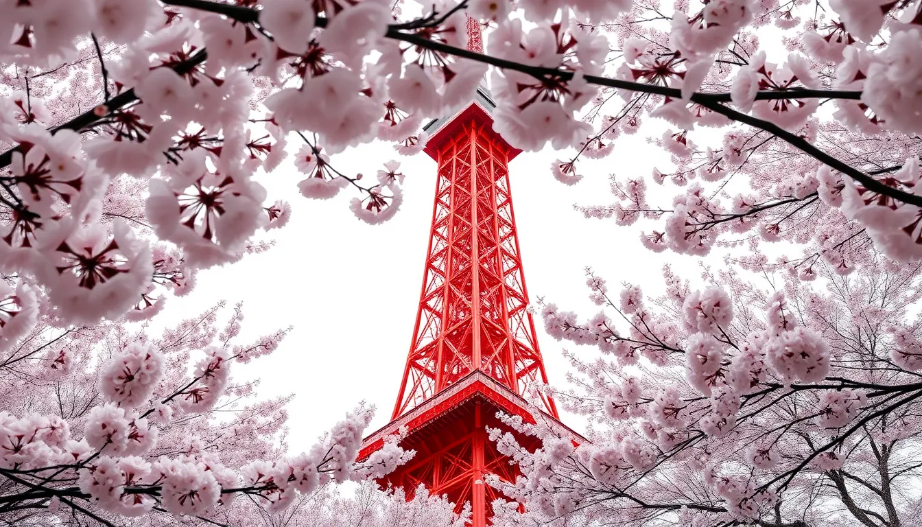A romantic scene depicting Tokyo Tower nestled amongst blooming cherry blossom trees during peak sakura season. Soft, diffused daylight bathes the image in gentle pastel hues, enhancing the delicate pink and white petals contrasted by the vibrant red of the tower. The careful composition, following the rule of thirds, allows for a captivating interplay between nature and architecture. This image encapsulates the beauty and serenity of Tokyo in spring, inviting viewers into a tranquil moment.