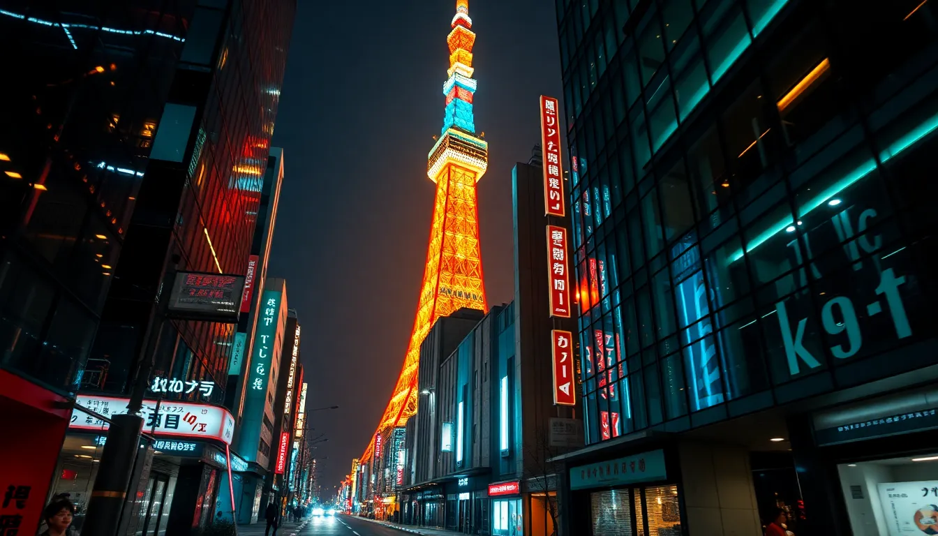 This stunning image showcases Tokyo Tower illuminated against a twilight sky. Captured with a Nikon Z9, the shot brings out rich colors with a cinematic feel. The soft bokeh highlights surrounding buildings while creating a serene atmosphere. Tokyo's skyline is beautifully juxtaposed with the tower, embodying the city's vibrant energy at dusk.