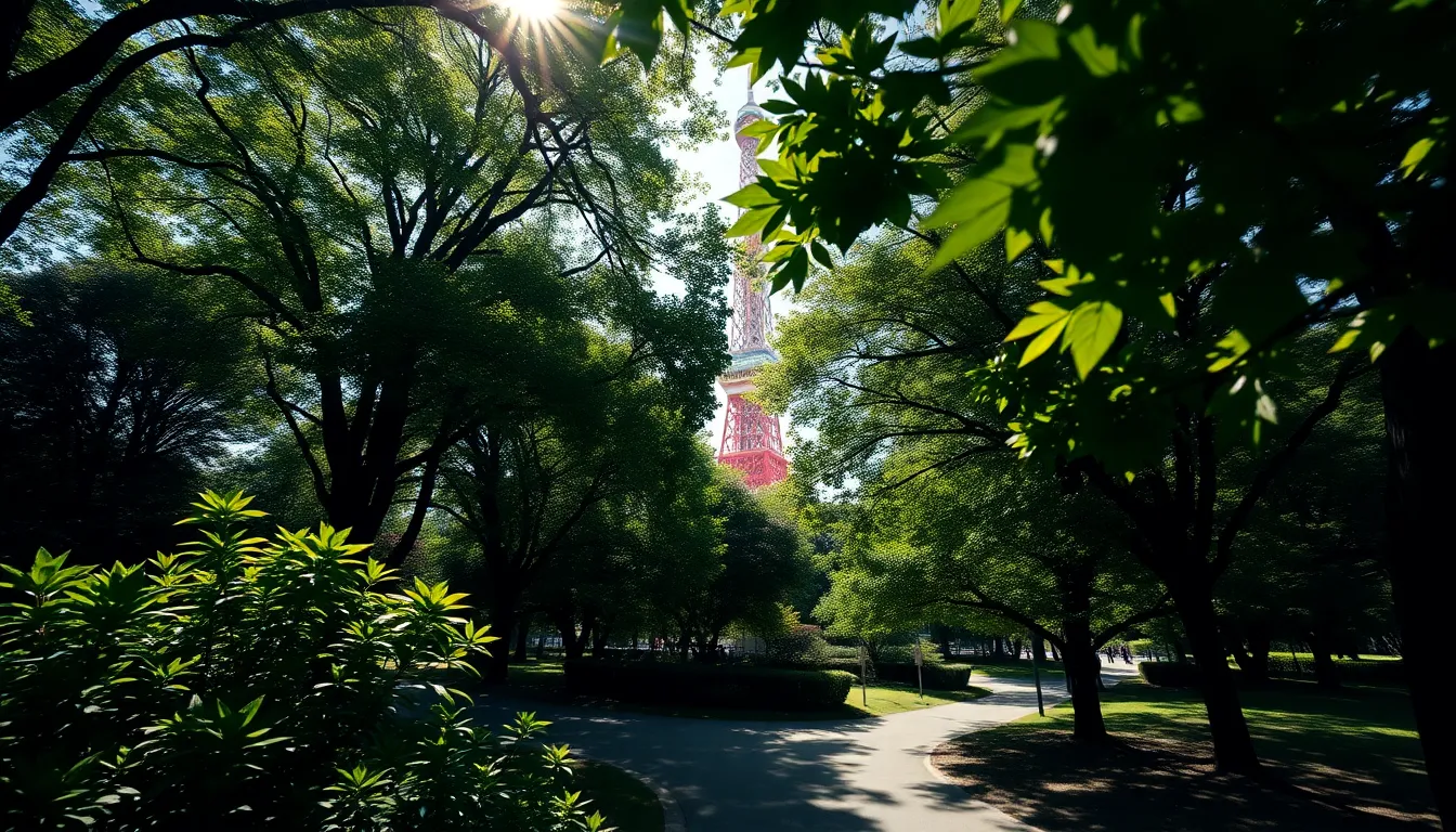 This captivating image features Tokyo Tower nestled amongst the greenery of a park, illuminated by dappled sunlight. The sharp focus captures every leaf and detail of the tower, creating a stunning contrast between nature and the city. The leading lines of the paths draw viewers' attention through the lush environment towards the iconic structure, showcasing a unique perspective of Tokyo.