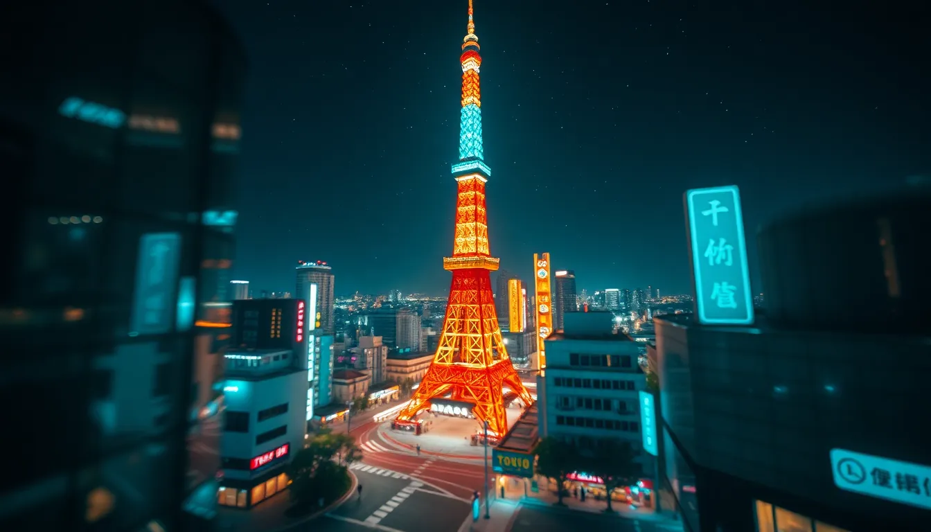 Nighttime Sparkle of Tokyo Tower This mesmerizing image showcases Tokyo Tower illuminated against a starry night sky. The vibrant city lights surrounding the tower create a sparkling bokeh effect. The cinematic teal and orange tones enhance the dynamic feel of the scene, while the leading lines of the streets converge towards the tower, emphasizing its grandeur. This photograph beautifully captures the essence of Tokyo at night, making it an iconic urban landscape.
