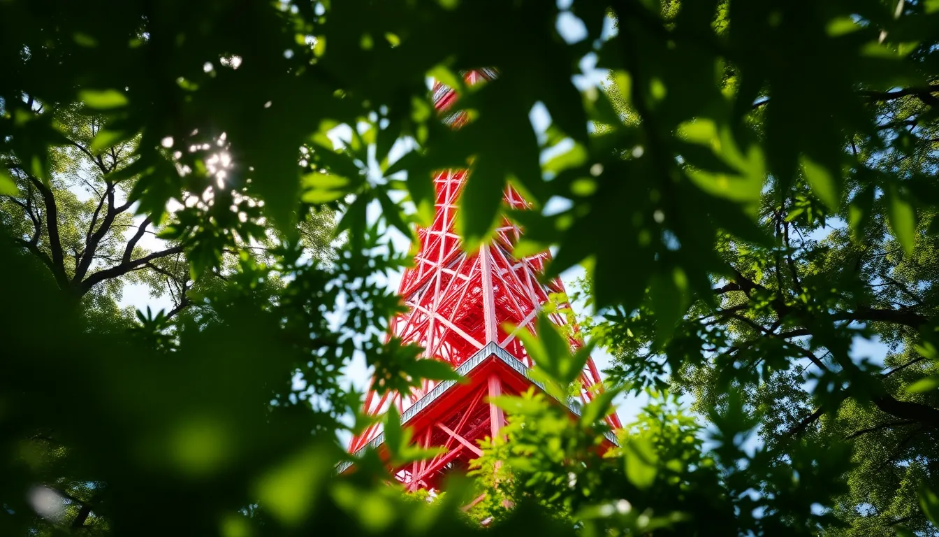 This striking macro image explores the intricate base of Tokyo Tower enveloped by lush greenery. Captured on a sunny afternoon, dappled sunlight bathes the tower in warmth while the surrounding foliage adds a vibrant touch. The shallow depth of field draws attention to the tower’s details, creating a harmonious blend of architecture and nature.