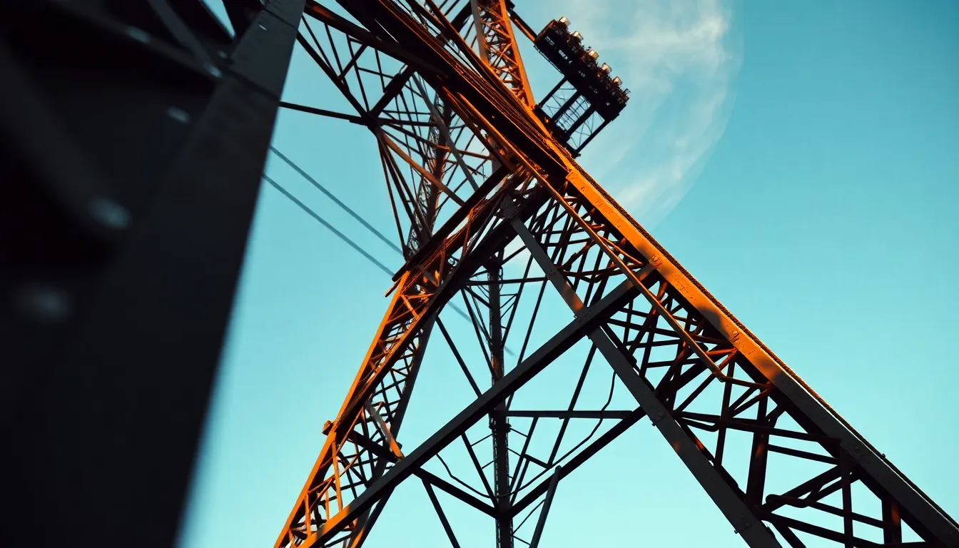 This striking image showcases Tokyo Tower from a dynamic Dutch angle, emphasizing its iconic structure against a clear sky. The late afternoon light casts dramatic shadows that enhance the textures of the steel framework, inviting viewers to appreciate its engineering. The balanced color palette and sharp focus across the scene create a captivating visual energy, celebrating this architectural marvel.