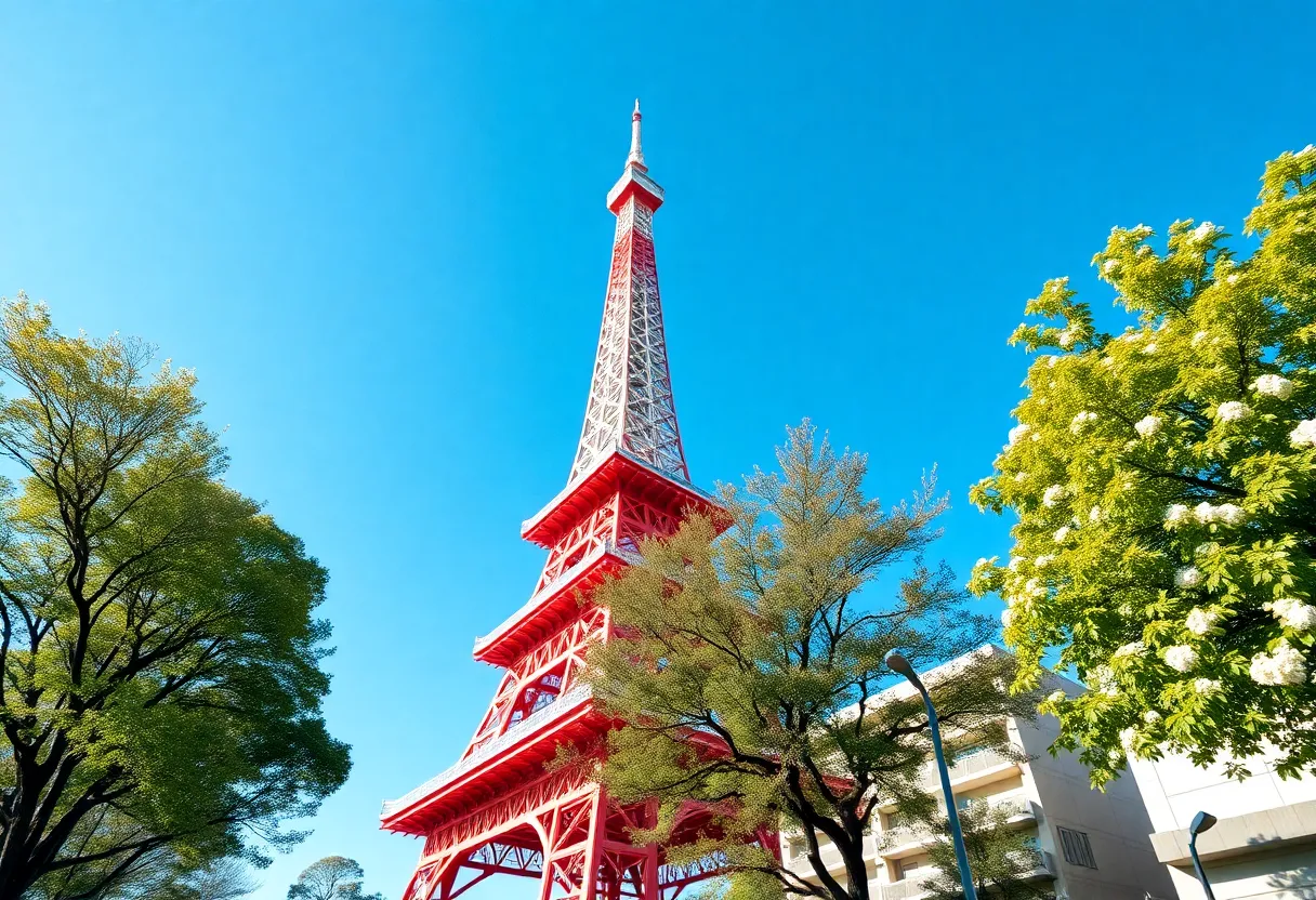 Detailed Close-Up of Tokyo Tower Against Blue Sky A close-up view of Tokyo Tower showcases its intricate architectural details against a clear blue sky. The bright daylight highlights the tower's vibrant colors, while the soft textures of the surrounding urban environment create contrast. This image emphasizes the iconic structure's grandeur and uniqueness, inviting viewers to appreciate Tokyo's architectural beauty. The carefully balanced composition enhances the visual impact of the photograph.