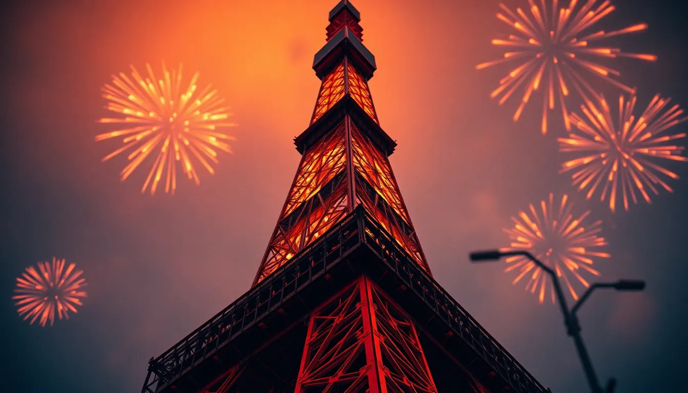 This dramatic image captures Tokyo Tower at dusk, beautifully illuminated by vibrant fireworks. The warm sunset casts a soft glow, enhancing the colors of the scene. The unique angle and selective focus draw attention to the tower's architectural details, making it a breathtaking festive moment in the heart of Tokyo.