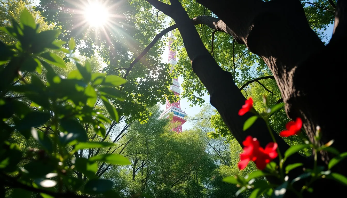 This enchanting scene features Tokyo Tower peeking through the vibrant greenery of a nearby park. Dappled sunlight creates playful patterns on the ground, while the saturated colors of blooming flowers add a splash of life to the composition. The use of shallow focus captures the essence of nature, perfectly framing the iconic tower and enhancing its presence in the urban landscape.