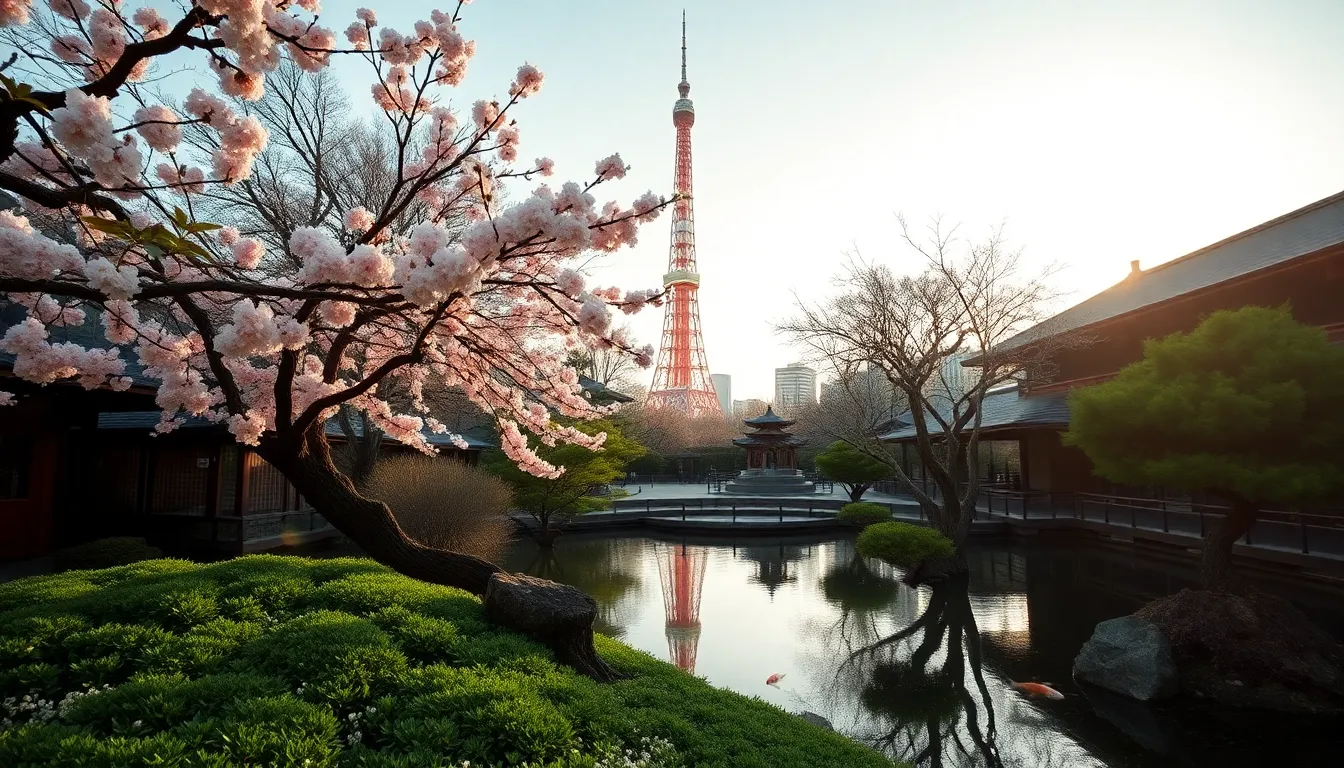 Tokyo Tower Overlooking a Japanese Garden A serene morning view of Tokyo Tower rising above a beautifully manicured Japanese garden. The early light casts a warm glow, illuminating the lush greenery and delicate cherry blossoms. The composition perfectly captures the harmony between nature and the city, with the tower harmoniously framed by traditional elements. This tranquil scene invites viewers to experience the beauty of both urban and garden landscapes.
