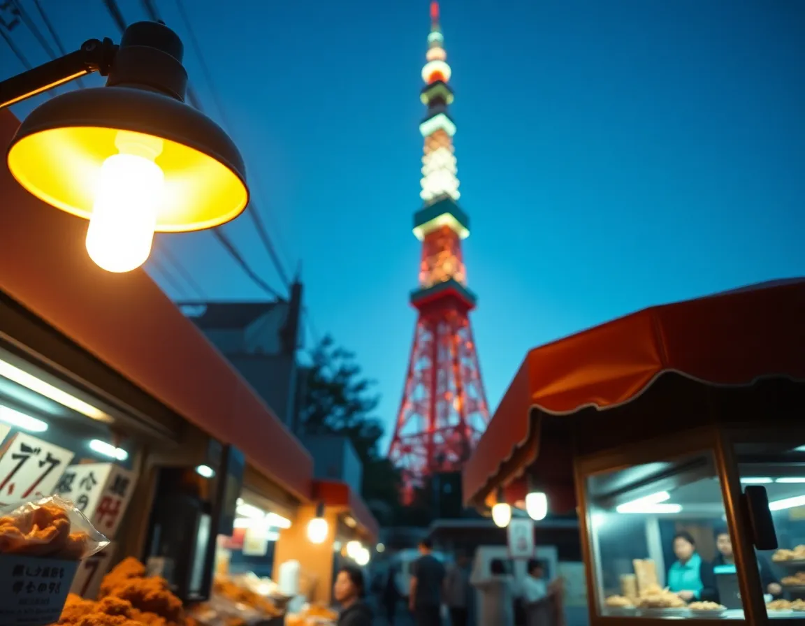 Tokyo Street Food with Tokyo Tower in Background This vibrant scene depicts a bustling street food market with Tokyo Tower looming in the background. Warm lighting enhances the rich colors of the food stalls, highlighting the textures of grilled skewers and traditional dishes. The image captures the essence of Tokyo's culinary scene, inviting viewers to experience the flavors of the city. The composition beautifully merges the iconic architecture with the dynamic energy of street life.