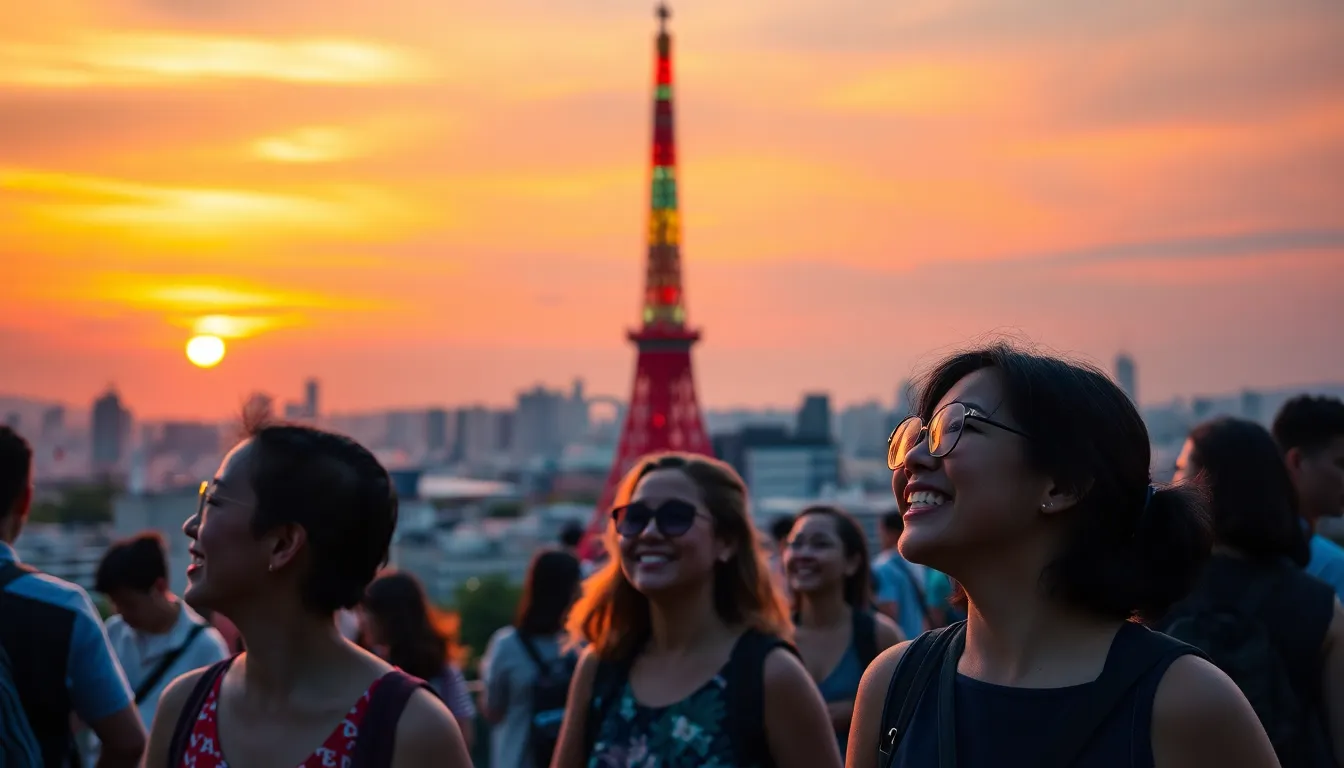 Tourists Enjoying Sunset at Tokyo Tower This endearing image captures tourists marveling at Tokyo Tower during a stunning summer sunset. The sky bursts with vibrant oranges and purples, creating a breathtaking backdrop. The joyful expressions of those in the foreground add a lively atmosphere, while the tower stands majestically in the background, softly blurred to emphasize the subjects. This photograph perfectly encapsulates the joy and beauty of experiencing Tokyo during an unforgettable sunset.