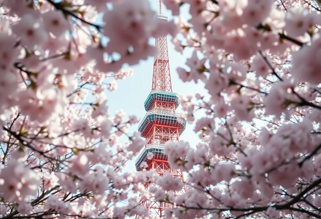 This tranquil image features Tokyo Tower beautifully framed by cherry blossoms in full bloom. Natural diffused daylight softens the colors, creating a serene atmosphere filled with muted pinks and greens. A hyperfocal depth of field ensures that both the tower and the delicate flowers are sharply in focus, inviting the viewer to appreciate this harmonious blend of nature and architecture. The centered composition emphasizes the tower's iconic silhouette against the delicate backdrop.