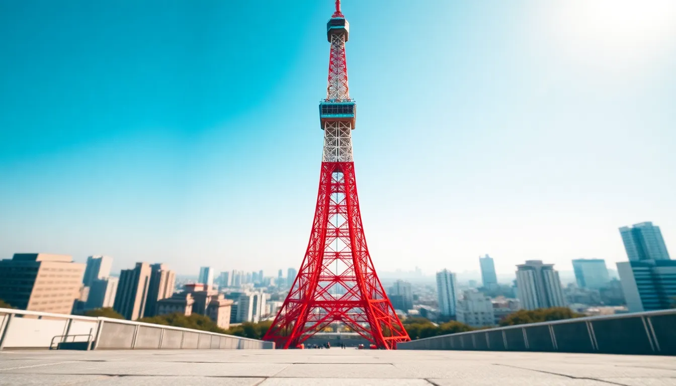 Close-Up of Tokyo Tower Structure This detailed close-up captures the majestic structure of Tokyo Tower against a pristine blue sky. The strong sunlight emphasizes the architectural details, while the vibrant colors add a striking visual appeal. The shallow depth of field neatly isolates the tower from the softly blurred urban background. This image presents an impressive view of the tower, showcasing its iconic design and significance to Tokyo's skyline.