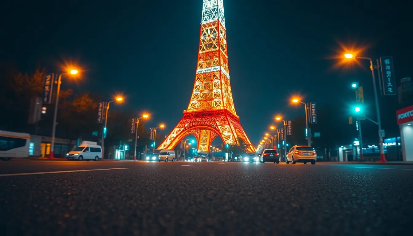 This dramatic night shot captures Tokyo Tower bathed in warm streetlight, creating a striking contrast against the dark evening sky. The intricate details of the tower are highlighted in sharp focus, with the surrounding streets leading the eye toward its apex. The scene is further enhanced by the vibrant color grading, providing an energetic urban feel that celebrates the nightlife of Tokyo.