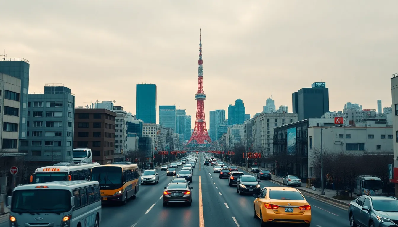 Tokyo Tower Surrounded by Urban Life A dramatic view of Tokyo Tower surrounded by the hustle and bustle of city life. Overcast skies provide an even, soft light that enriches the colors of the cityscape. Street traffic and pedestrians create a vibrant atmosphere, while the tower stands majestically in the backdrop. This image encapsulates the energetic rhythm of Tokyo, merging modern architecture with urban life.