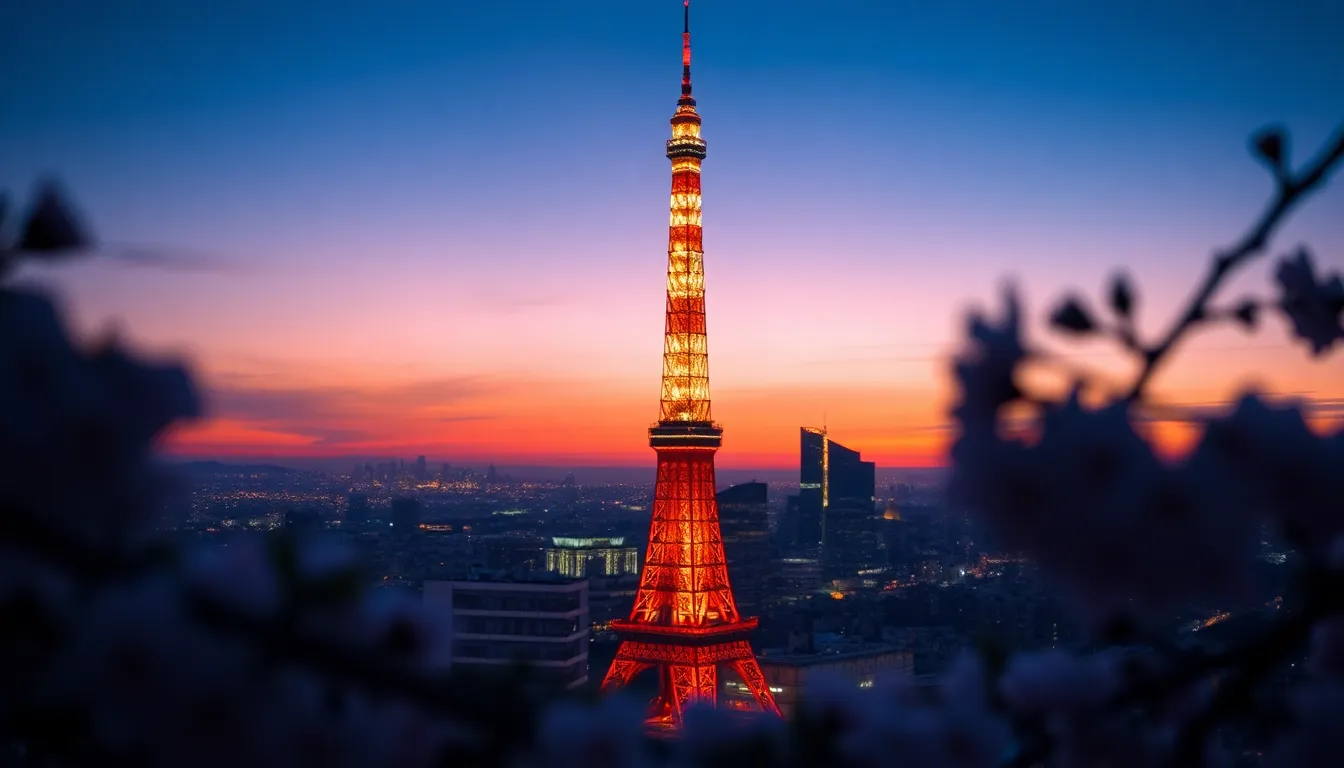 Tokyo Tower at Twilight with Cherry Blossoms