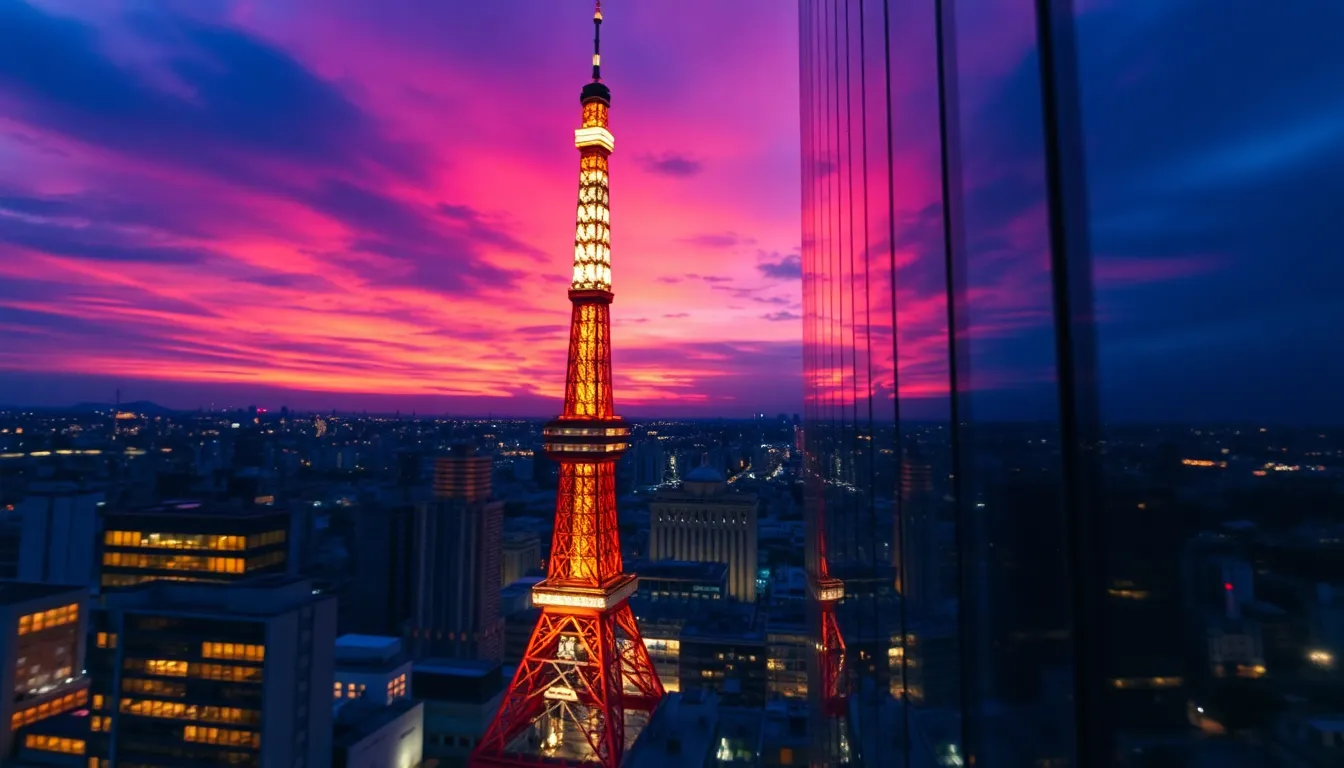 A breathtaking view of Tokyo Tower set against a twilight sky painted in deep purples and oranges. The intricate latticework of the tower is captured in sharp detail, with surrounding city buildings softly blurred, creating a dreamy bokeh effect. The leading lines of the architecture naturally guide the viewer's gaze, emphasizing the tower's significance in the Tokyo skyline. The warm light reflections enhance the mood, inviting a sense of warmth amidst the cool blues and violets of dusk.