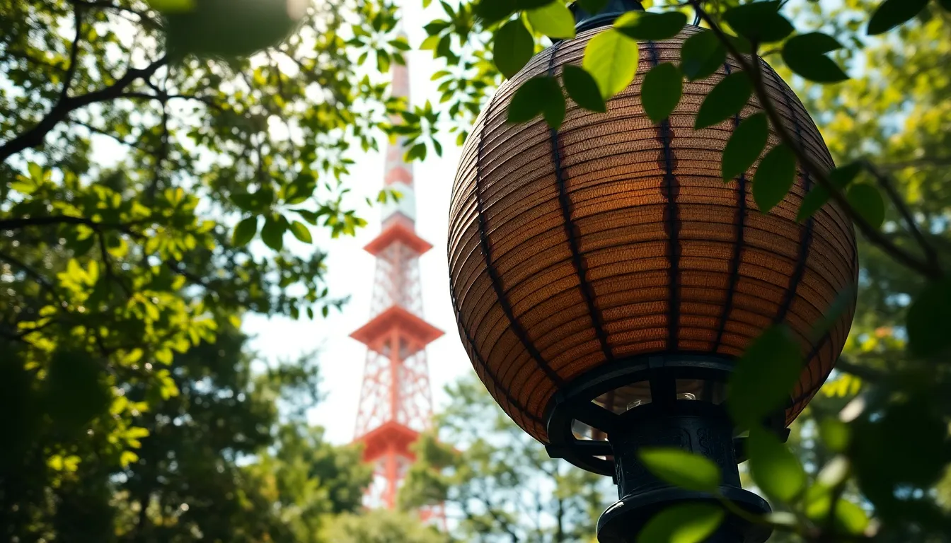 This exquisite close-up image features a traditional lantern adorned with intricate designs, with Tokyo Tower standing majestically in the background. The midday sun casts dappled light through the surrounding foliage, illuminating the scene with a gentle warmth. This composition beautifully blends the natural and urban landscapes of Tokyo, showcasing the city’s rich cultural heritage. The depth of field captures the charming details of the lantern while ensuring the iconic tower remains a striking focal point in the distance.