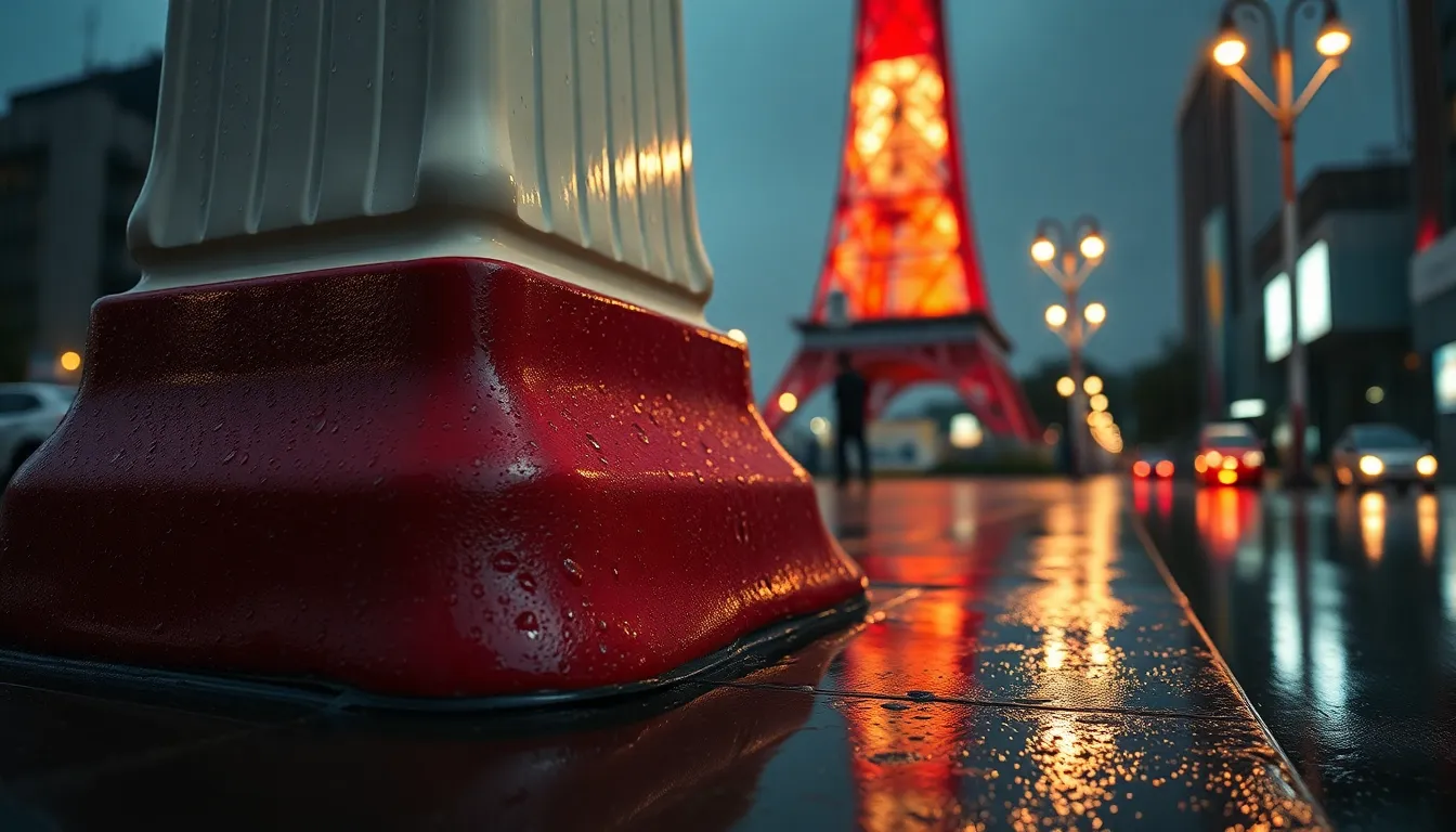 An intimate close-up of Tokyo Tower’s base captured in the soft light of a rainy evening. Raindrops cling to the tower’s vibrant red and white paint, reflecting the warm glow of nearby street lamps. The shallow depth of field highlights the intricate textures of the metal while the blurred background adds to the atmosphere of the scene. This photorealistic image conveys a sense of tranquility and beauty, celebrating the tower's resilience amidst the rain.
