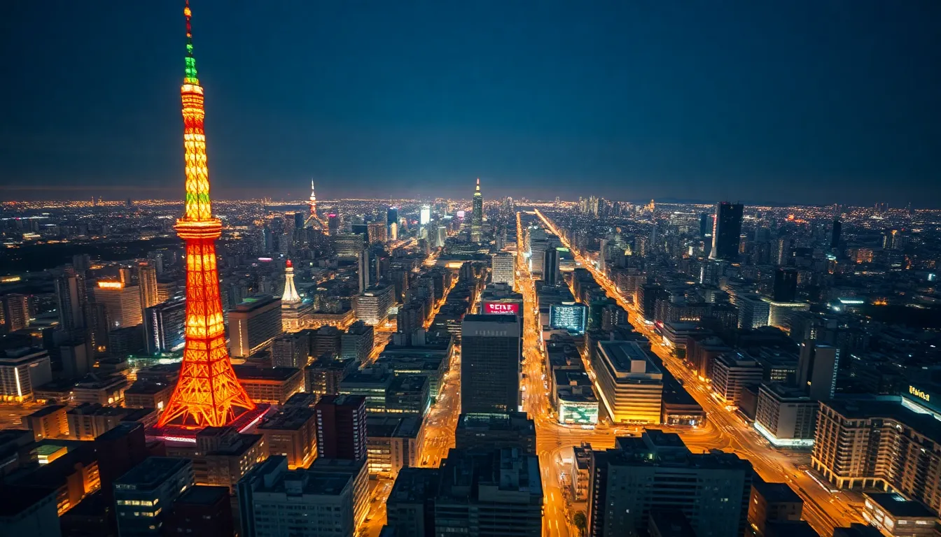 This stunning aerial shot showcases Tokyo Tower beautifully illuminated against a sprawling cityscape. The vibrant colors of city lights contrast strikingly with the deep blue night sky, creating a captivating nighttime atmosphere. Sharp focus throughout emphasizes the connection between the tower and the surrounding architecture, while leading lines from the streets guide the viewer's gaze towards the iconic landmark. This image is a perfect representation of Tokyo's electrifying urban energy at night.