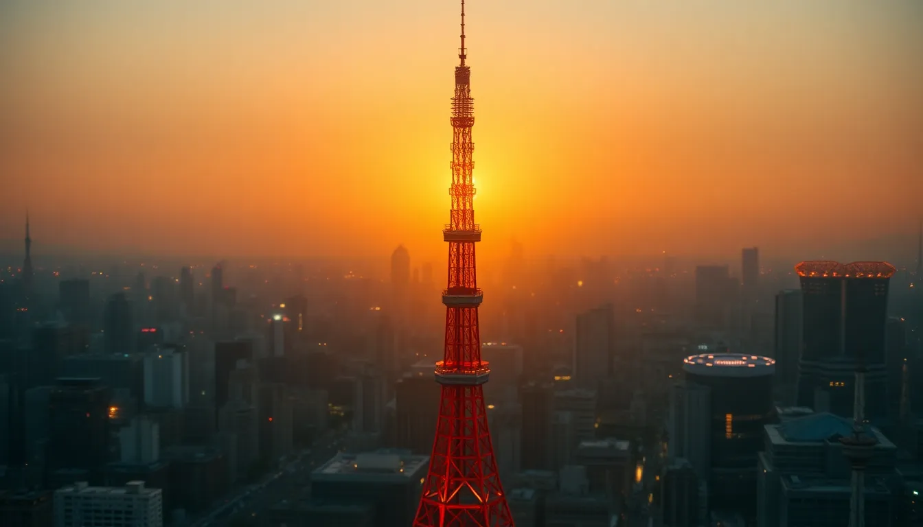 This breathtaking image captures Tokyo Tower at dawn, framed by a stunning futuristic skyline. The warm golden light of early morning highlights the tower's elegance, while the soft bokeh of the city below adds a sense of depth and tranquility to the scene. This photograph beautifully conveys the serenity of early mornings in Tokyo, with earthy tones creating a comforting atmosphere. The use of leading lines guides the viewer’s eye towards the iconic landmark, making it a perfect representation of Tokyo’s architectural beauty.