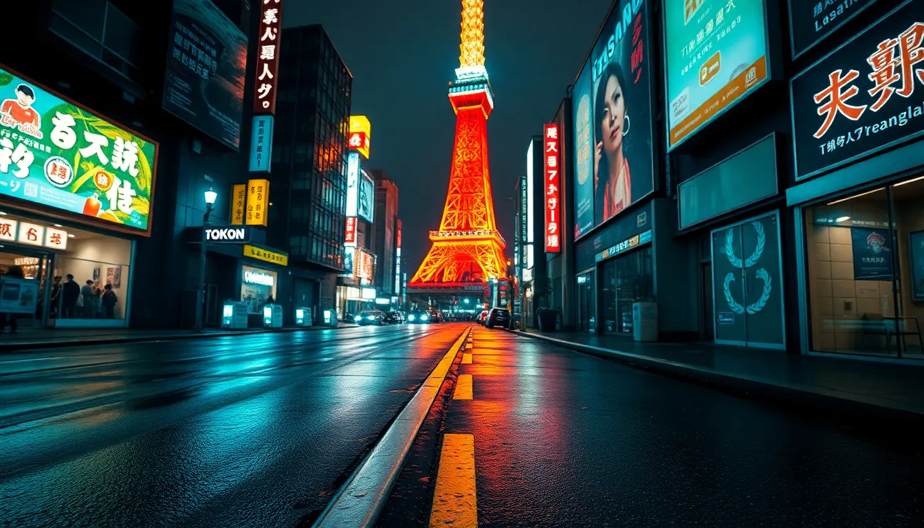 This stunning image showcases Tokyo Tower illuminated against a deep indigo sky during the blue hour. Cherry blossoms in the foreground create a beautiful contrast with the warm golden lights of the tower, enhancing the dreamy atmosphere. The composition expertly balances the tower's height with the delicate floral elements, inviting viewers into this serene spring moment.