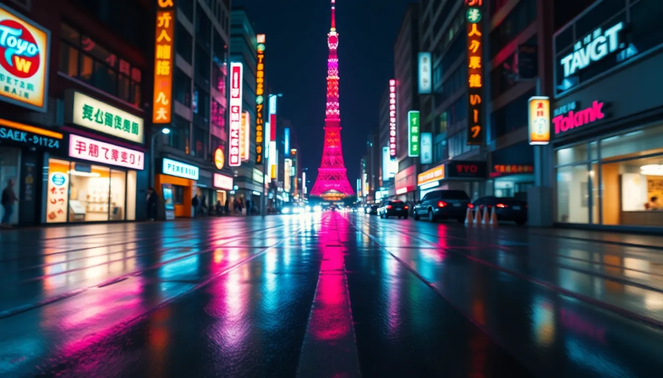 Tokyo Tower Reflected in Rainy Night Lights A captivating nighttime capture of Tokyo Tower reflected in rain-soaked pavement, with vibrant neon lights creating an inviting atmosphere. The shallow depth of field accentuates the foreground details while softly blurring the bustling city surroundings. The image's cinematic colors heighten the allure, emphasizing the tower as a focal point in a dynamic urban environment. This shot transports the viewer into the heart of Tokyo's nightlife.