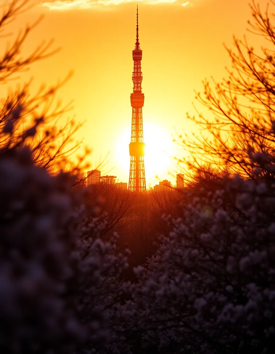 A breathtaking view of Tokyo Tower surrounded by cherry blossoms at golden hour. The soft, warm light creates a magical ambiance with a halo effect around the blossoms. Captured on a Sony A7R V, this image showcases the harmony between nature and urban architecture. The gentle colors evoke a sense of peace and nostalgia, perfect for springtime in Tokyo.