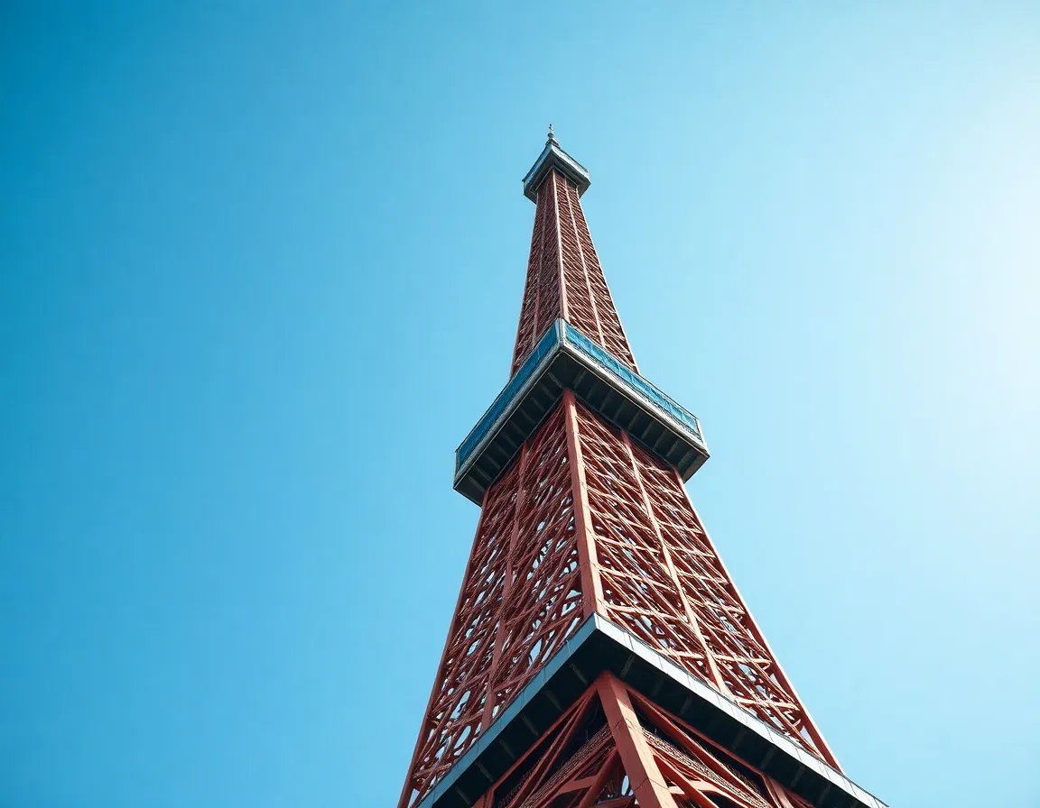 This image beautifully showcases the intricate details of Tokyo Tower's lattice structure. Shot with a Fujifilm GFX 100S, the close-up captures the texture of the metal against a crystal-clear sky. The soft colors and composition highlight the architectural elegance and symmetry, creating a striking visual that appeals to both architecture enthusiasts and photography lovers.