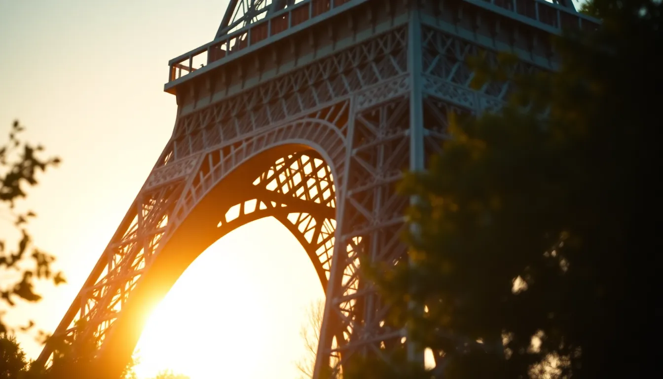 The iconic Eiffel Tower stands majestically against a backdrop of a vibrant sunset sky, painted in hues of teal and orange. Silhouetted trees frame the scene, adding depth. The warm glow of the golden hour highlights the intricate details of the wrought iron structure, inviting viewers to imagine a romantic evening in Paris. This image captures both the grandeur of the landmark and the serene beauty of the moment.