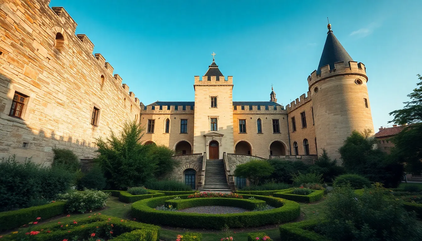 A majestic historical castle stands proudly against a clear blue sky, showcasing its ancient stone architecture. Soft daylight enhances the textures of the weathered stone walls and blooming garden, creating a serene and timeless scene. The symmetrical composition emphasizes the castle's grandeur, making it an ideal representation of travel and history. The clarity of detail invites viewers to explore every architectural element.